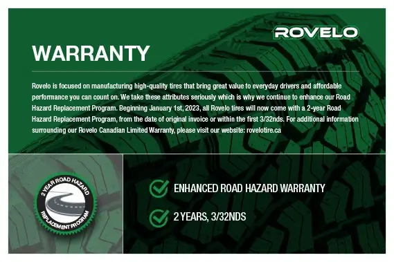 Rovelo warranty graphic showing 2-year road hazard tire warranty (2 years, 3/32nds) with tire tread background