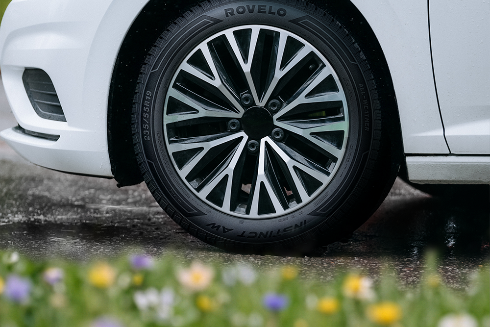 Close up of tire on white car in springtime